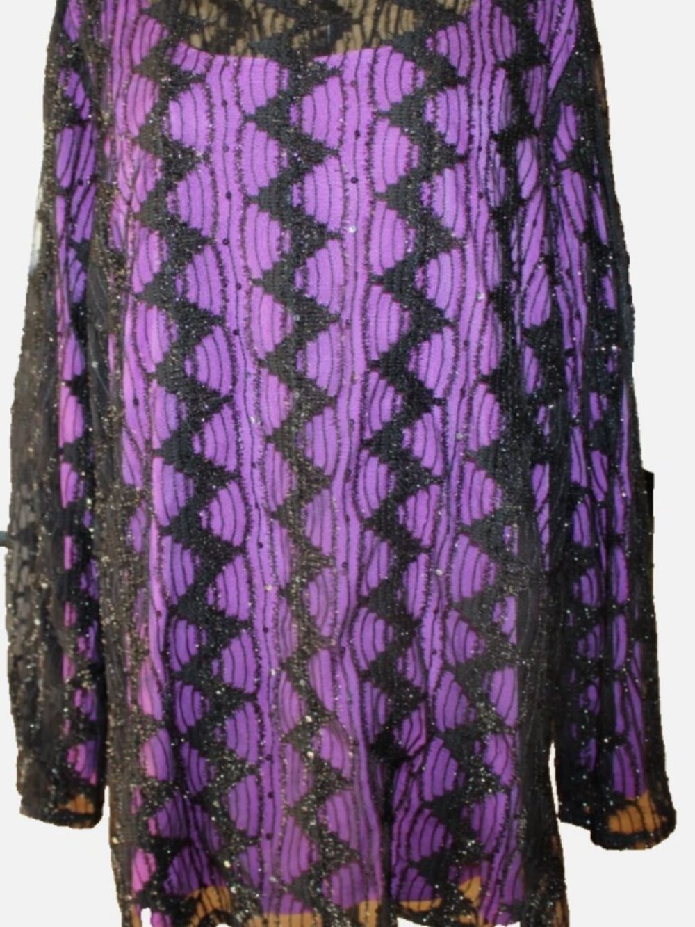 NWT Bob Mackie Wearable Art 1X Purple Black Chevron Sequin Lace Tunic Top - Picture 3 of 8